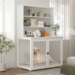 Indoor Large Dog Crate Storage Cabinet, Wooden Heavy Duty Dog Cage Kennel with Wood 3-Shelf Bookcase Bookshelf, White