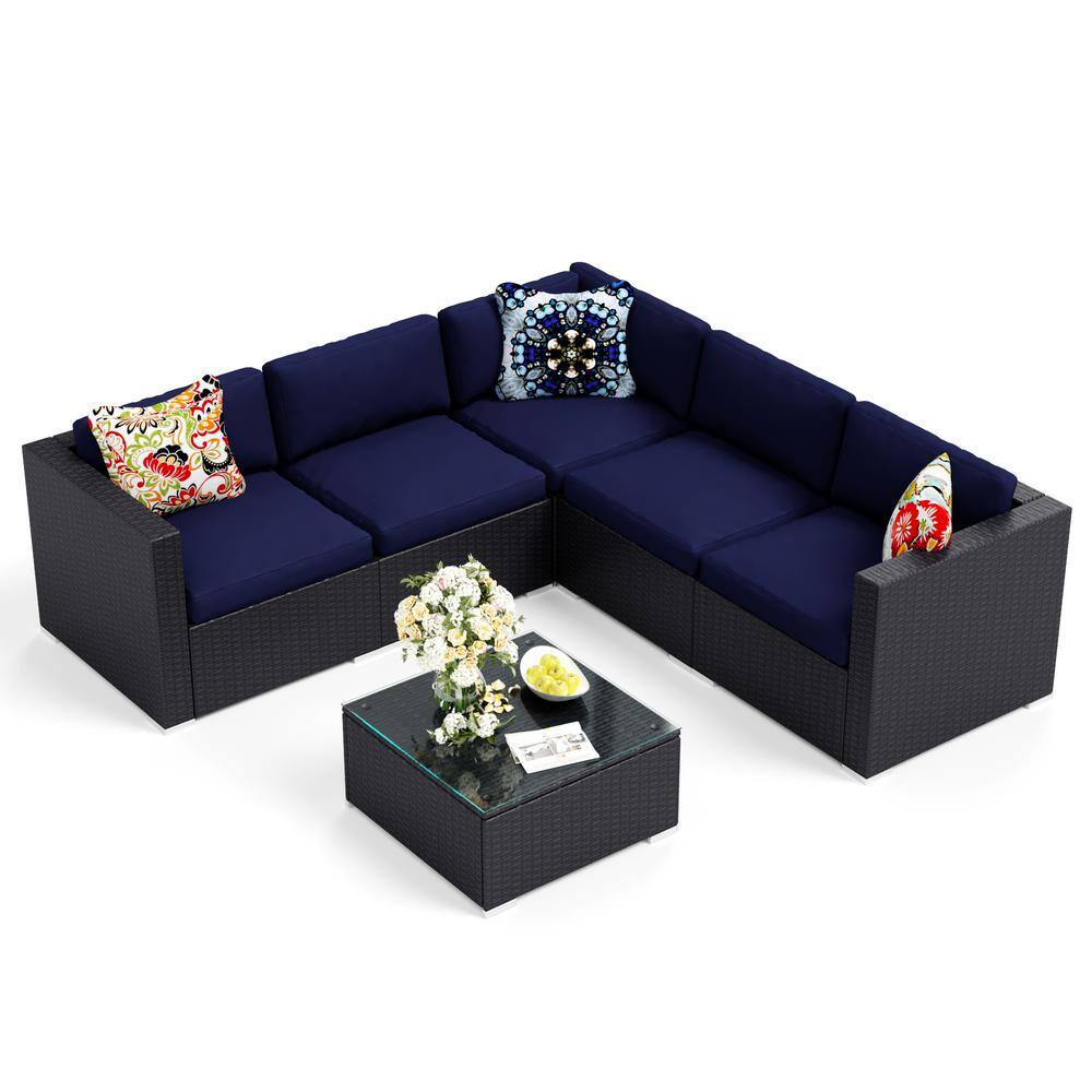 PHI VILLA Black Rattan Wicker 5 Seat 6-Piece Steel Outdoor Patio Sectional Set with Blue Cushions and Coffee Table PHI VILLA Black Rattan Wicker 5 Seat 6-Piece Steel Outdoor Patio Sectional Set with Blue Cushions and Coffee Table - 2