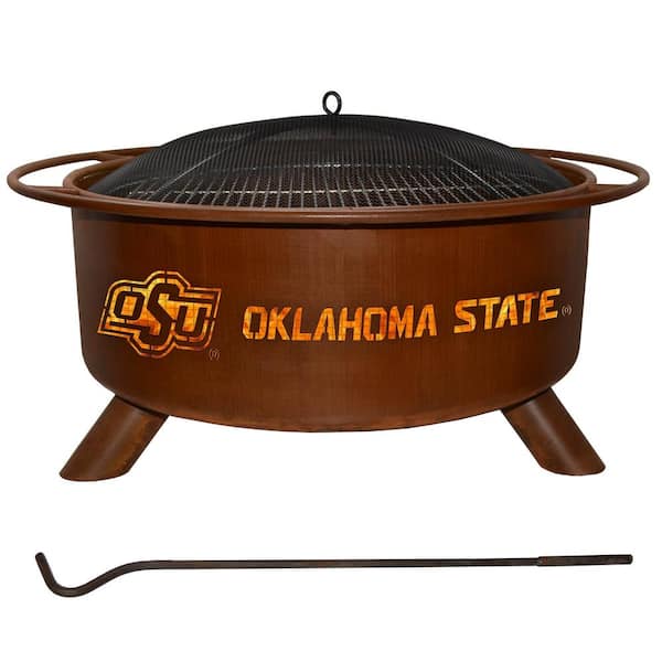 Unbranded Oklahoma 29 in. x 18 in. Round Steel Wood Burning Fire Pit in Rust with Grill Poker Spark Screen and Cover