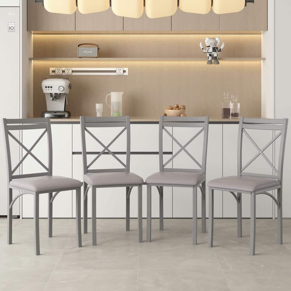 VECELO Dining Chairs (Set of 4) w/Steel Legs, Ergonomic Back and PU Leather Cushioned Seats for Kitchen and Living Room, Gray THD-FH-CHR16-GRY-A4 - The Home Depot