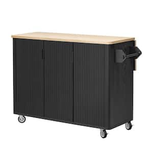 Black Wood 51.3 in. W Fluted Kitchen Island with Drop Leaf, Internal Storage Rack and 3-Doors