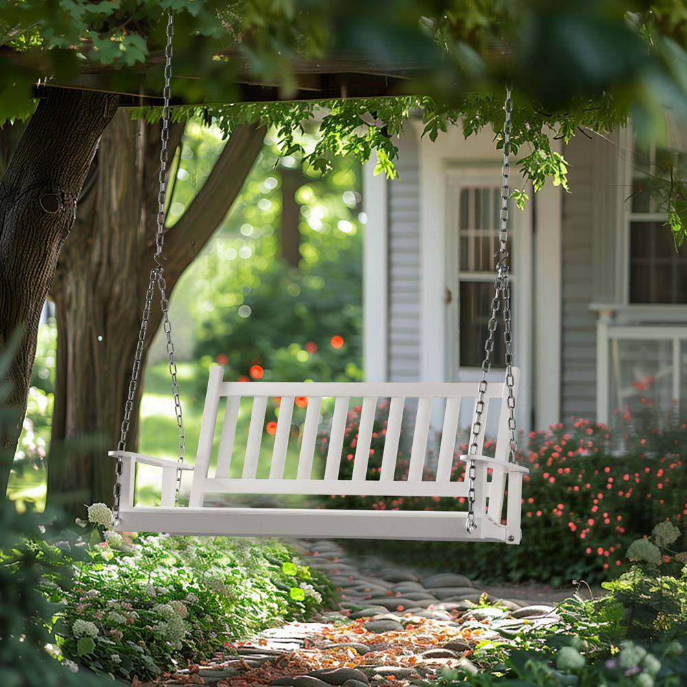 White Solid Wood 4' Outdoor Porch Swing with Chains