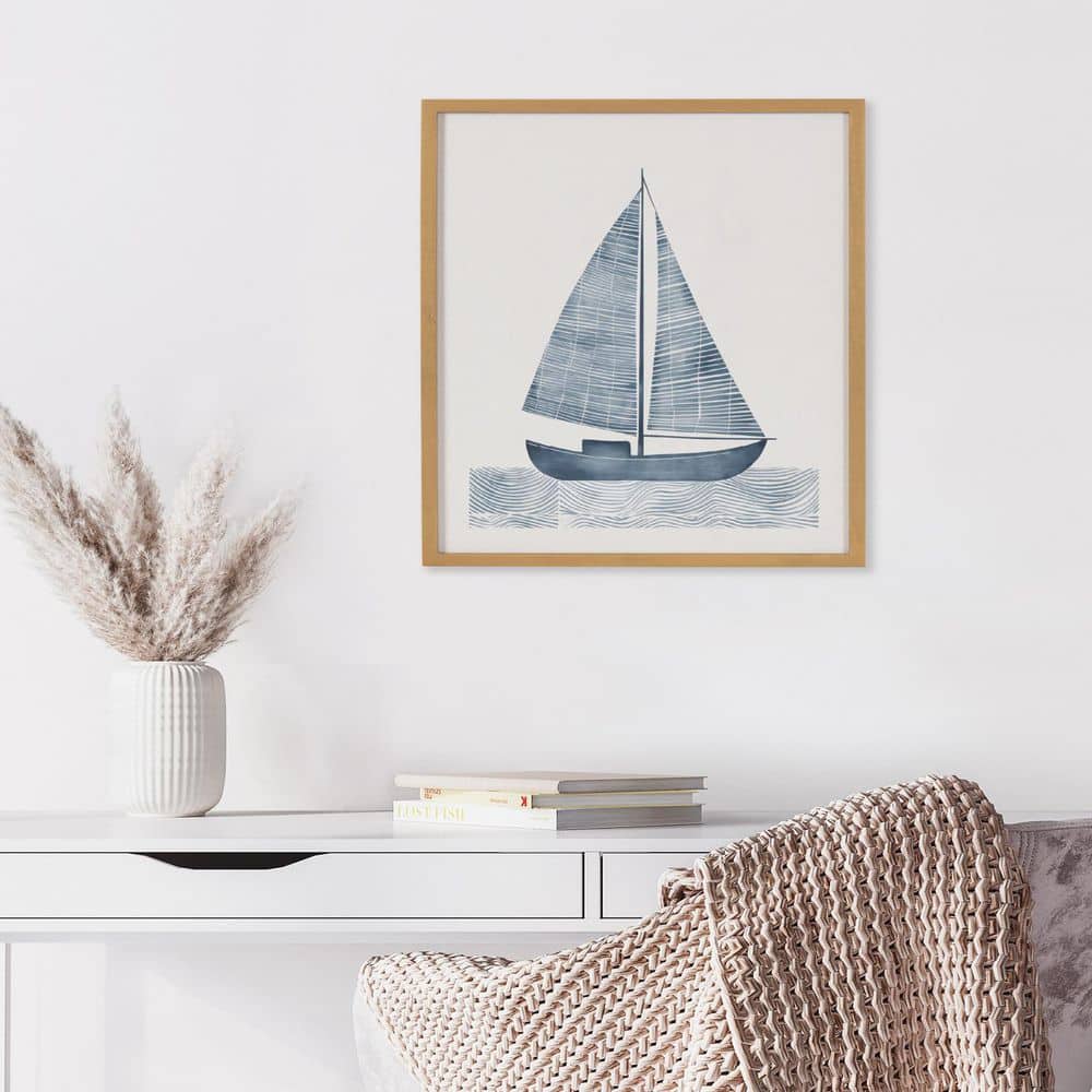 Nautical Blue Sailboat Print in Gold Frame, 12x16
