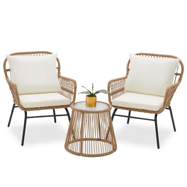 EROMMY 3-Piece Patio Conversation Bistro Set, Outdoor All-Weather Wicker Furniture with Seat Cushions for Porch, Backyard
