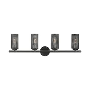 Sadler 35.5 in. 4-Light Black with Brushed Nickel Accents Vanity Light with Stainless Steel Mesh Shade