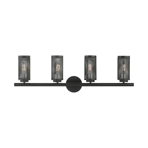 Livex Lighting Sadler 35.5 in. 4-Light Black with Brushed Nickel Accents Vanity Light with Stainless Steel Mesh Shade