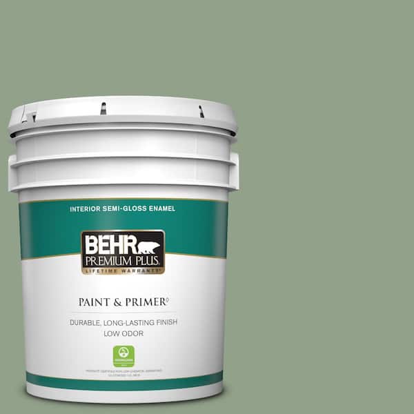 BEHR PREMIUM PLUS 5 gal. #440F-4 Athenian Green Semi-Gloss Enamel Low Odor Interior Paint & Primer