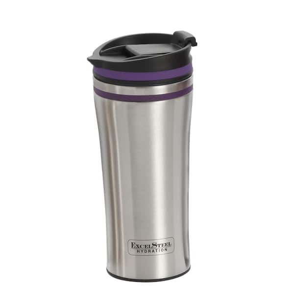 ExcelSteel 15 oz. Purple Double Wall Stainless Steel Coffee Tumbler with Silicone Ring
