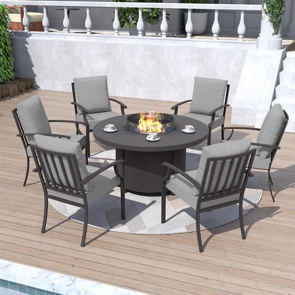 7-Piece Metal Patio Conversation Set with 48 in. Round Fire Pit Table, Glass Wind Guard and 6 Fixed Chairs, Cushion Grey