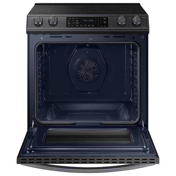 Samsung 30-in Glass Top 5 Burners 6.3-cu ft Self-Cleaning Air Fry Slide-in  Smart Electric Range (Fingerprint Resistant Black Stainless Steel) in the  Single Oven Electric Ranges department at