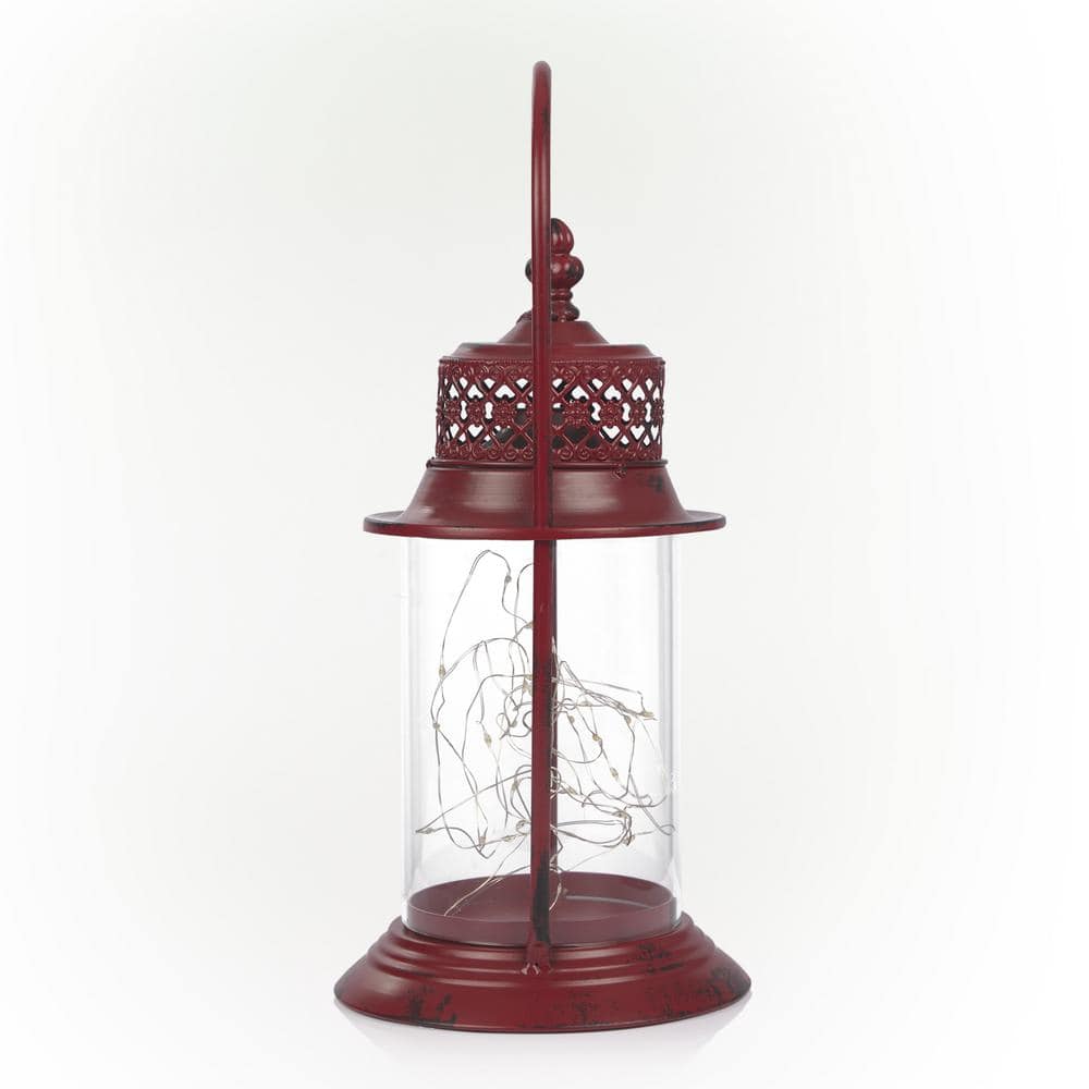 Red Antique Metal and Glass Lantern with Warm LED Lights