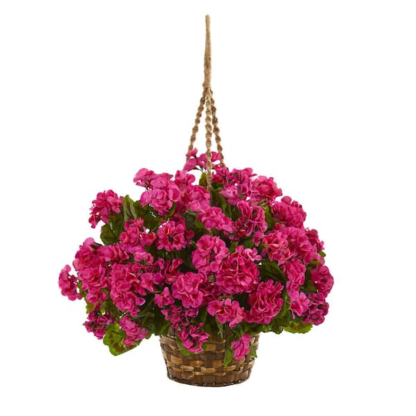 Nearly Natural Indoor/Outdoor UV Resistant Red Geranium Hanging Basket Artificial Plant
