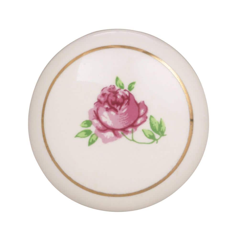 White Ceramic Round Cabinet Knob with Pink Rose Design