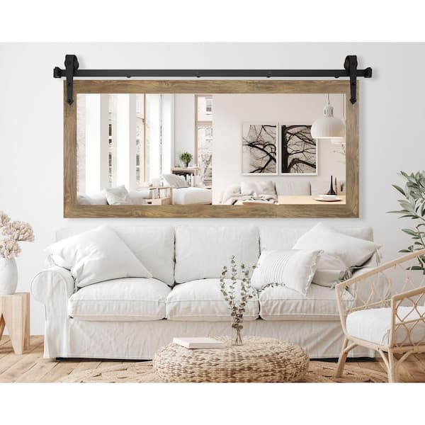 (64 in. W x 31 in. H) Brown Accent Mirror with Steel Barn Door Rail