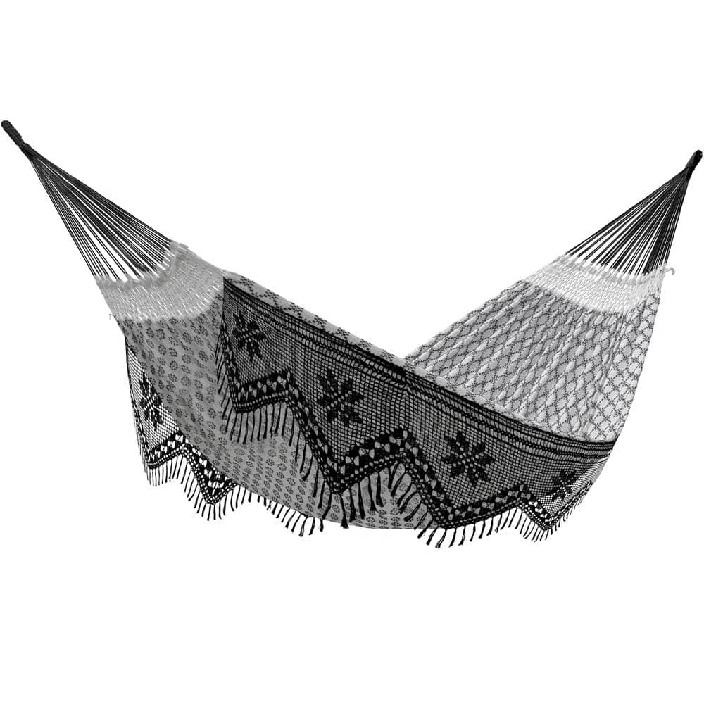 Luxo Black and White Brazilian Cotton Double Hammock with Fringe