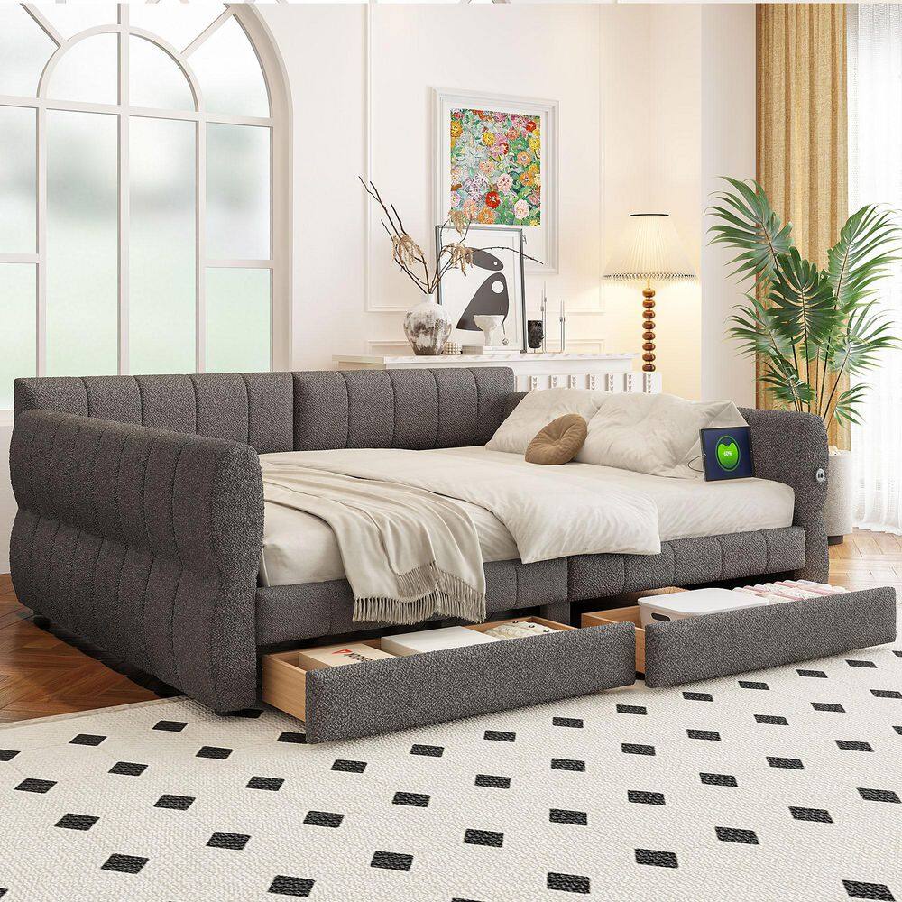 Gray Wood Frame Queen Size Upholstered Platform Bed with USB and 2 Drawers price history on PriceWatchPro