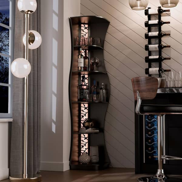 Lenard 73.3 in. Tall Black Engineered Wood 5-Shelf Corner Bookcase With Light