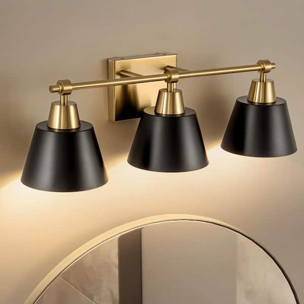 Taevion 24.61 in. W 3-Light Vintage Industrial Black with Gold Metal Cone Bathroom Vanity Light