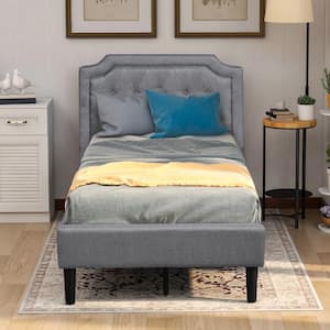 83 in.W Gray Twin Size Upholstered Scalloped Linen Platform Bed Frame for Living Room, Bedroom, No Box Spring Required