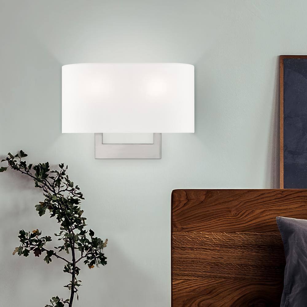 Brushed Nickel 2-Light Wall Sconce with Off-White Shade
