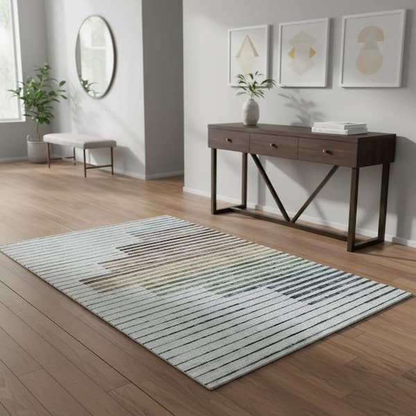 4 ft. x 6 ft. Beige Blue and Brown Striped Area Rug