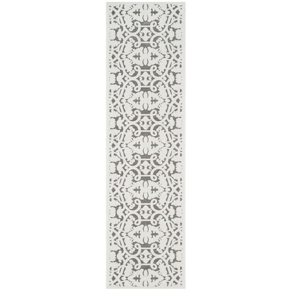 Paradise 2 ft. x 7 ft. Ivory/Dark Gray Ornate Floral Striped Runner Rug