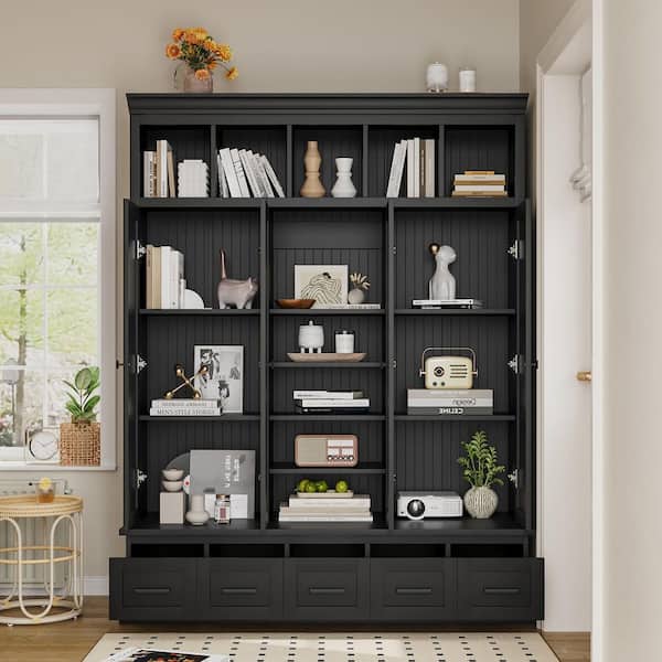 Fidelia 62.40 in. W Black Wood Hall Way Hall Tree with Open Cubbies, Drawers and Adjustable Shelves