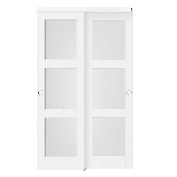 48 in. x 80 in. White, Solid Core MDF, 3-Lites, Double Frosted Glass Panel Bypass Sliding Door with Aluminium Hardware