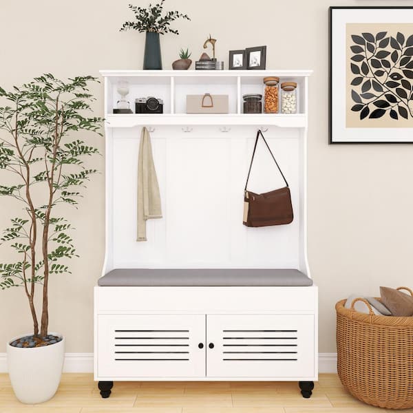 Boosicavelly White 47 in. Wide Hall Tree with Storage Bench with Shutter-Shaped Doors, Cushion and 4-Sturdy Hooks