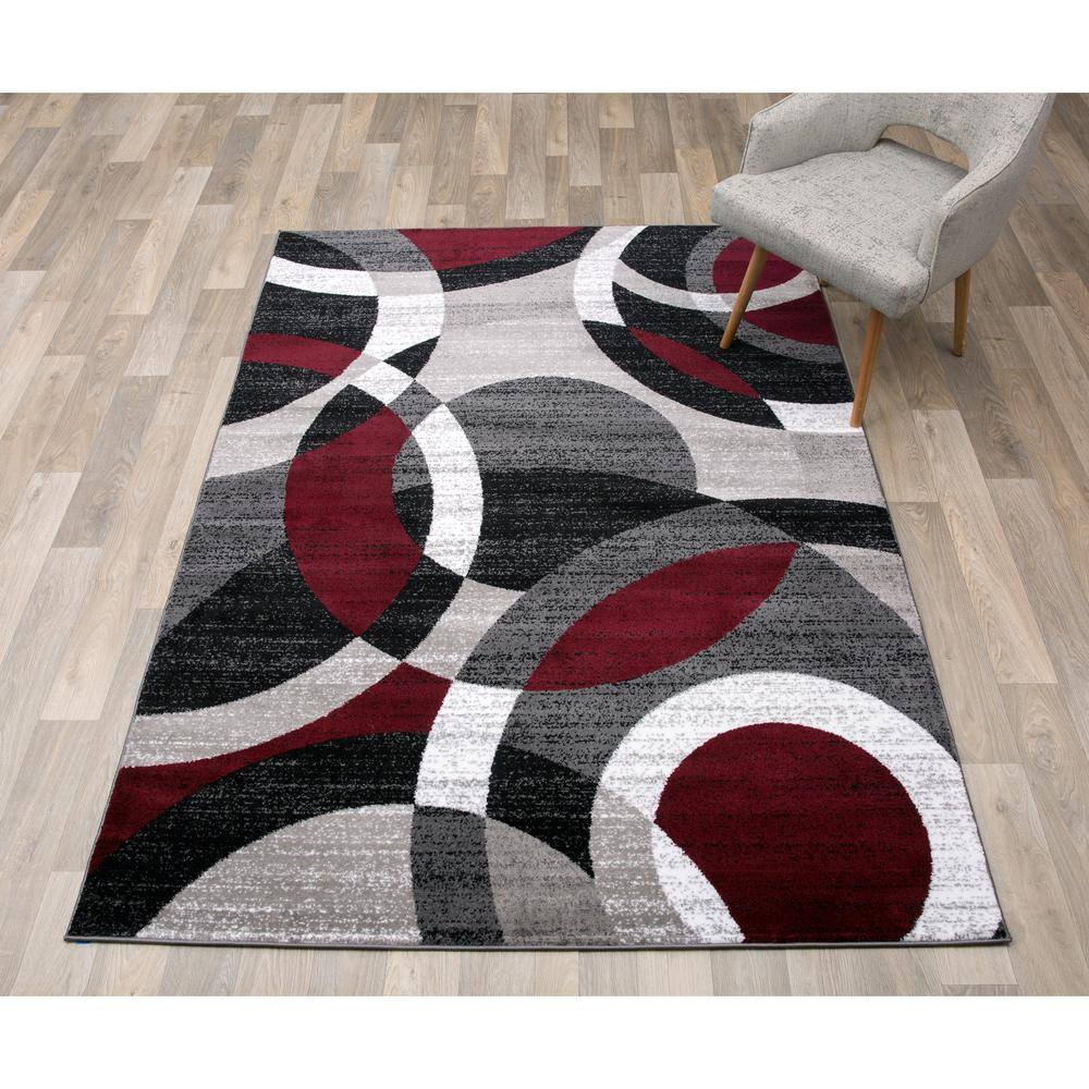Red and Gray Geometric Circles 6' x 9' Synthetic Area Rug