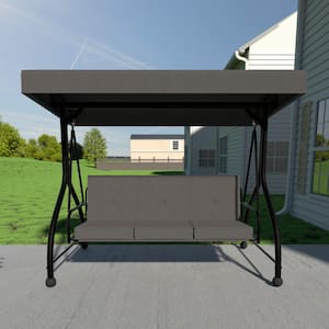 3-Seat Converting Canopy Patio Swing Steel Lounge Chair with Cushions in Dark Grey