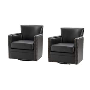 Amparo Black 29 in. W Contemporary Genuine Leather Swivel Chair with Nailhead Trim Arm (Set of 2)