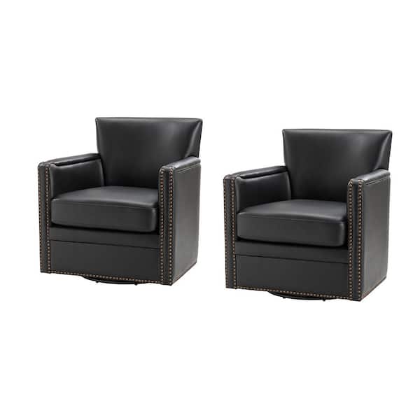 JAYDEN CREATION Amparo Black 29 in. W Contemporary Genuine Leather Swivel Chair with Nailhead Trim Arm (Set of 2)