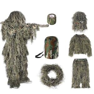 6 in 1 Kid Woodland Ghillie Suit, 3D Camouflage Hunting Apparel Including Jacket, Pants, Hood, Carry Bag and Camo Tapes