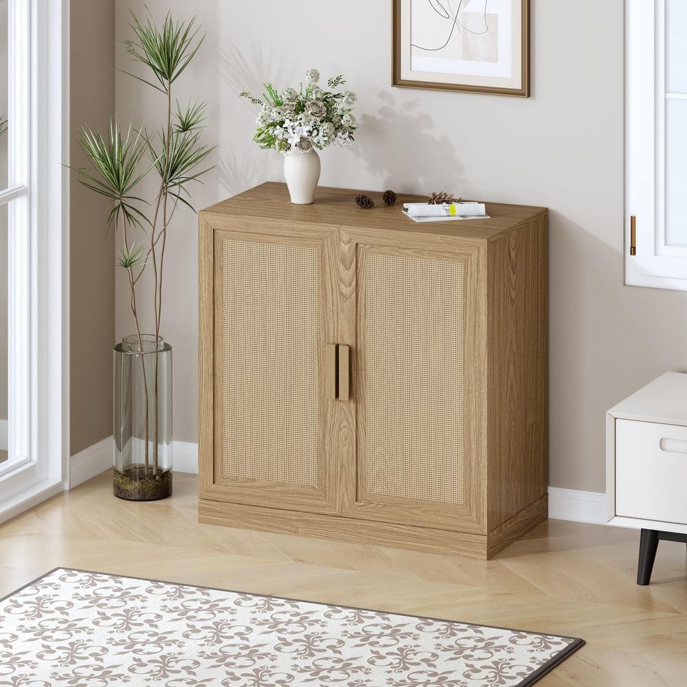 Solid Wood Natural 31 in. H Storage Cabinet with Adjustable Shelves and Rattan Doors price history on PriceWatchPro