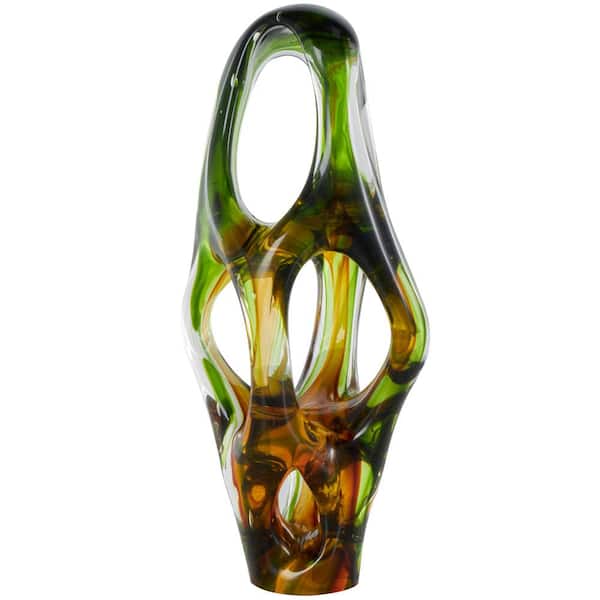 Litton Lane Green Glass Ombre Cutout Abstract Sculpture with Amber Accents