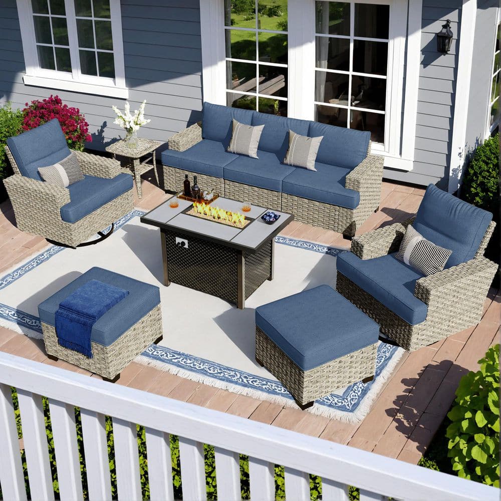 Tibercy Gray 9-Piece Wicker Patio Rectangle Fire Pit Conversation Set with Denim Blue Cushions and Swivel Chairs price history on PriceWatchPro