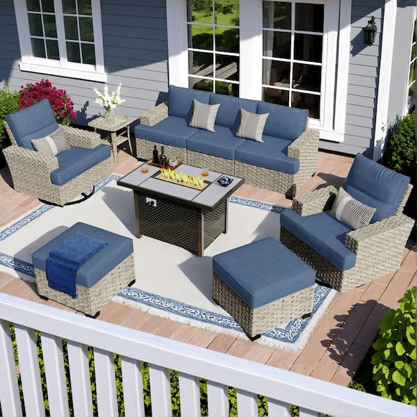 Tibercy Gray 9-Piece Wicker Patio Rectangle Fire Pit Conversation Set with Denim Blue Cushions and Swivel Chairs