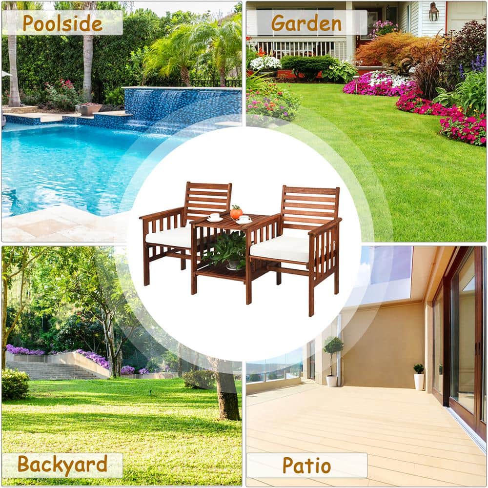 Acacia Wood 2-Person Patio Loveseat Set with Off-White Cushions
