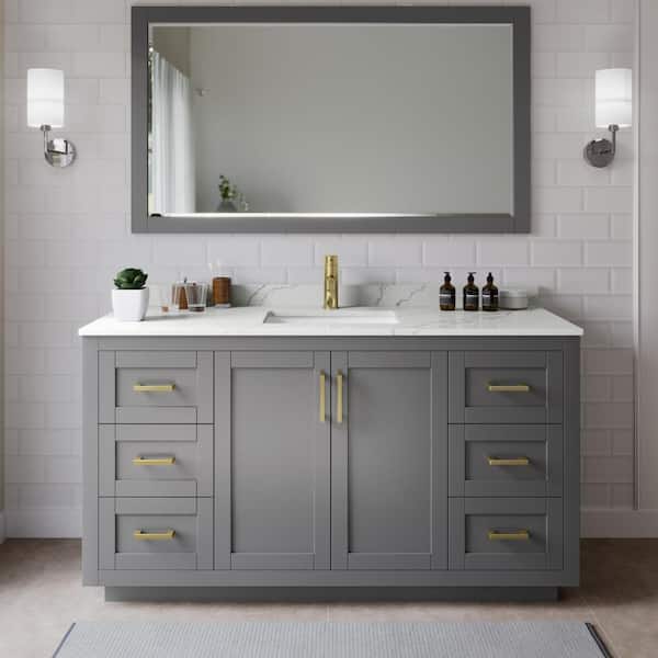Wyndham Collection Miranda 66 in. W x 22 in. D x 33.75 in. H Single Bath Vanity in Dark Gray with Giotto Quartz Top and 58 in. Mirror