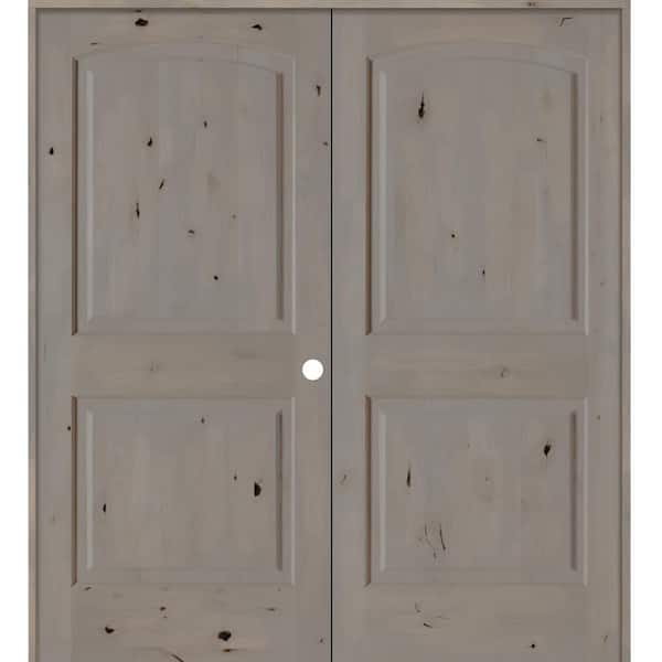 Krosswood Doors 56 in. x 80 in. Rustic Knotty Alder 2-Panel Left Handed Grey Stain Wood Double Prehung Interior Door with Arch-Top