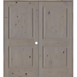 60 in. x 80 in. Rustic Knotty Alder 2-Panel Left Handed Grey Stain Wood Double Prehung Interior Door with Arch-Top