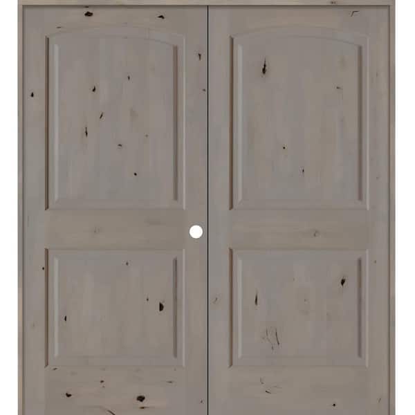 Krosswood Doors 60 in. x 80 in. Rustic Knotty Alder 2-Panel Left Handed Grey Stain Wood Double Prehung Interior Door with Arch-Top