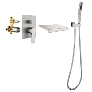 Single Handle Wall-Mount Roman Tub Faucet with Spray Hand Shower and Waterfall Spout in Brushed Nickel