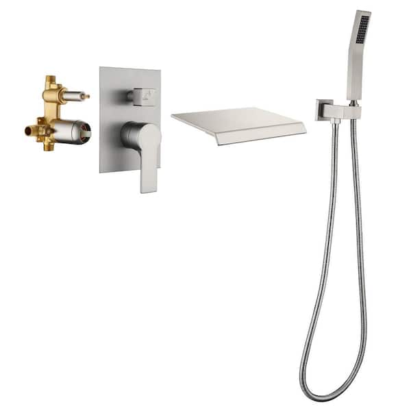 Fapully Single Handle Wall-Mount Roman Tub Faucet with Spray Hand Shower and Waterfall Spout in Brushed Nickel