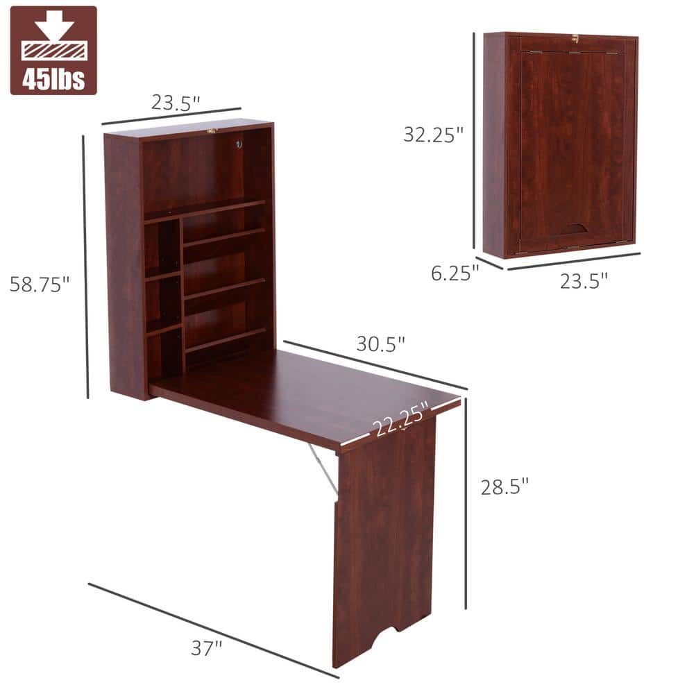 Brown Fold-Out Wall Mounted Desk with Adjustable Shelves