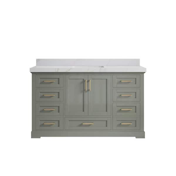 Willow Collections Boston 60 in. Single Sink Freestanding Evergreen Bath Vanity with Calcutta Sienna Quatrz Top Unassembled