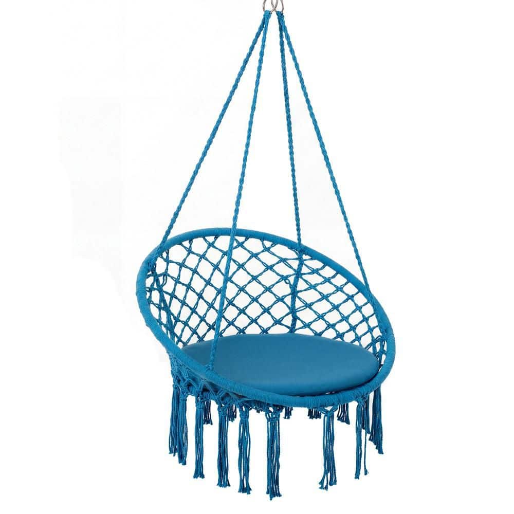 Swing Chair, Hammock Chair with Round Seat Cushion, Indoor & Outdoor Boho Chair Blue