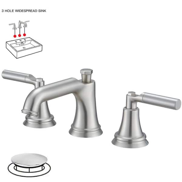 BWE 8 in. Widespread Double Handle Three Holes Bathroom Faucet Water-Saving With Drain Kit In Brushed Nickel