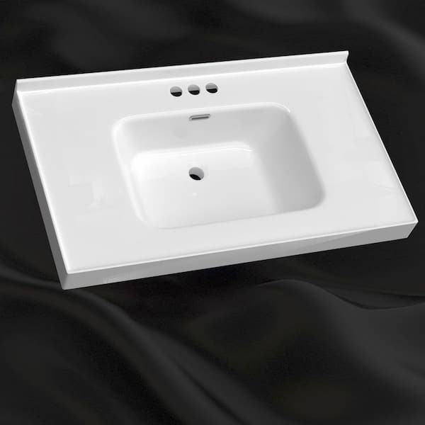 Ter 37 in. W x 22 in. D Solid Surface White Rectangular Single Sink Vanity Top with Backsplash Basin 3-Holes Countertop
